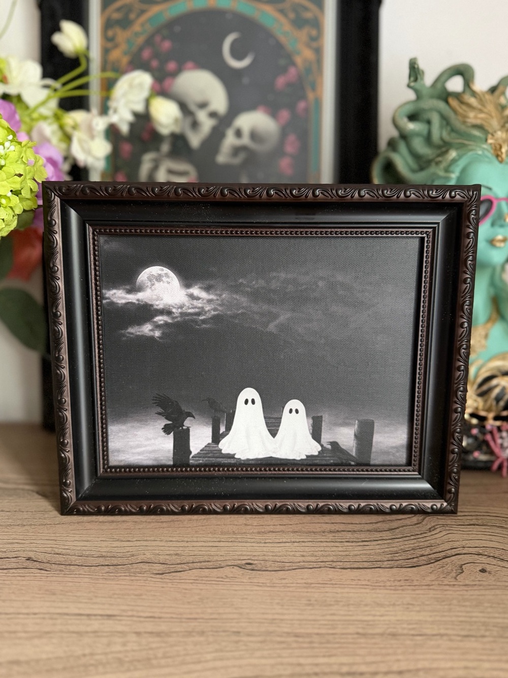 Framed Ghost friends spooky scary moon crow Halloween viral art print decor